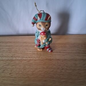 Festive Cat Ornament in Red and Green Holding Kitten In Their Pajamas
